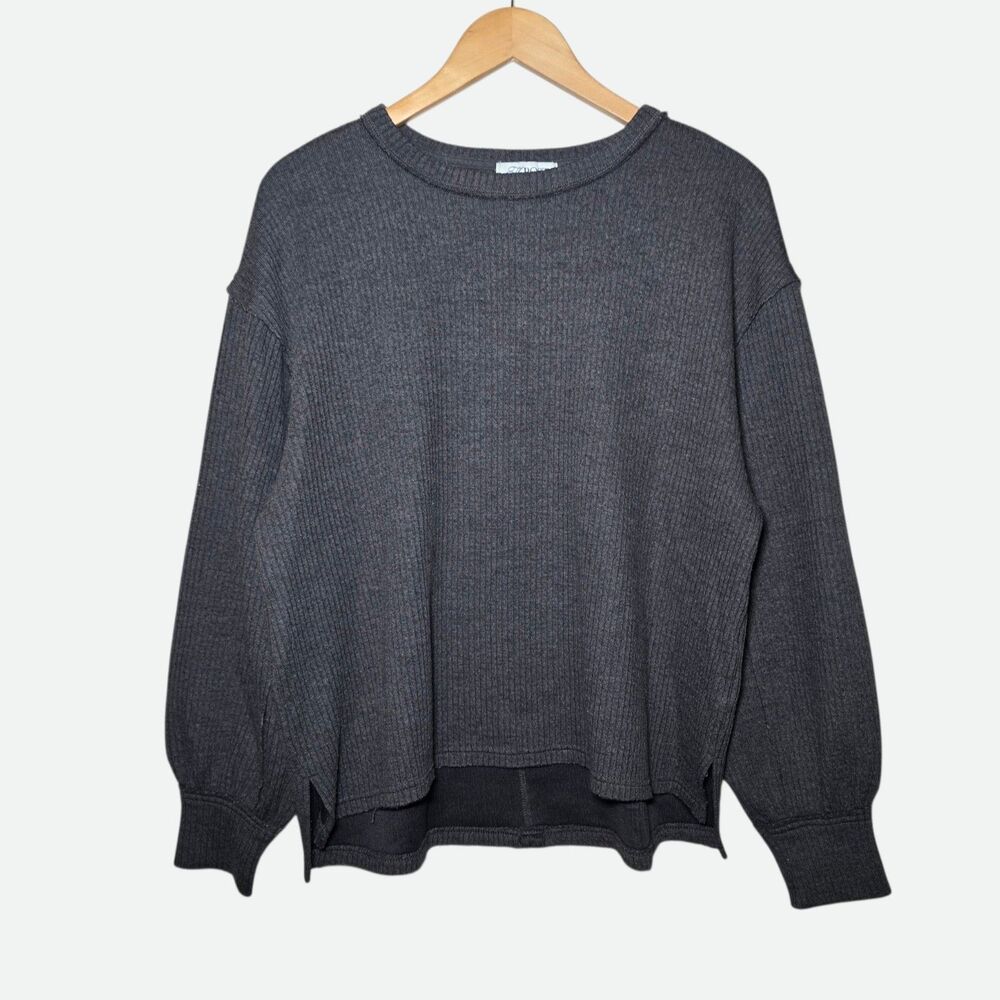 The Post Small Charcoal Gray Ribbed Knit Pullover Thermal Top Long Sleeve